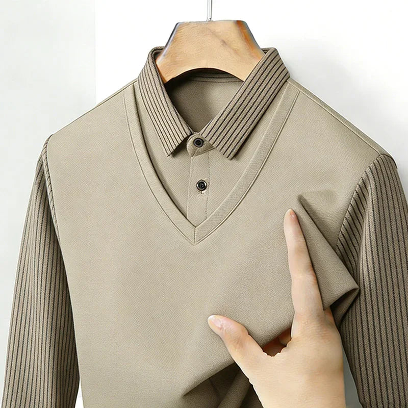 Men's Fake Two Piece Shirt Collar V Neck Long Sleeve Top Khaki Striped Casual Fashion Soft Fabric Daily Wear Blouse