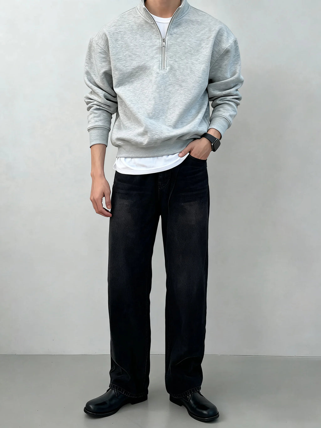 Men's gray half zipper stand up collar sweatshirt, simple and loose casual top, foreign trade men's clothing source