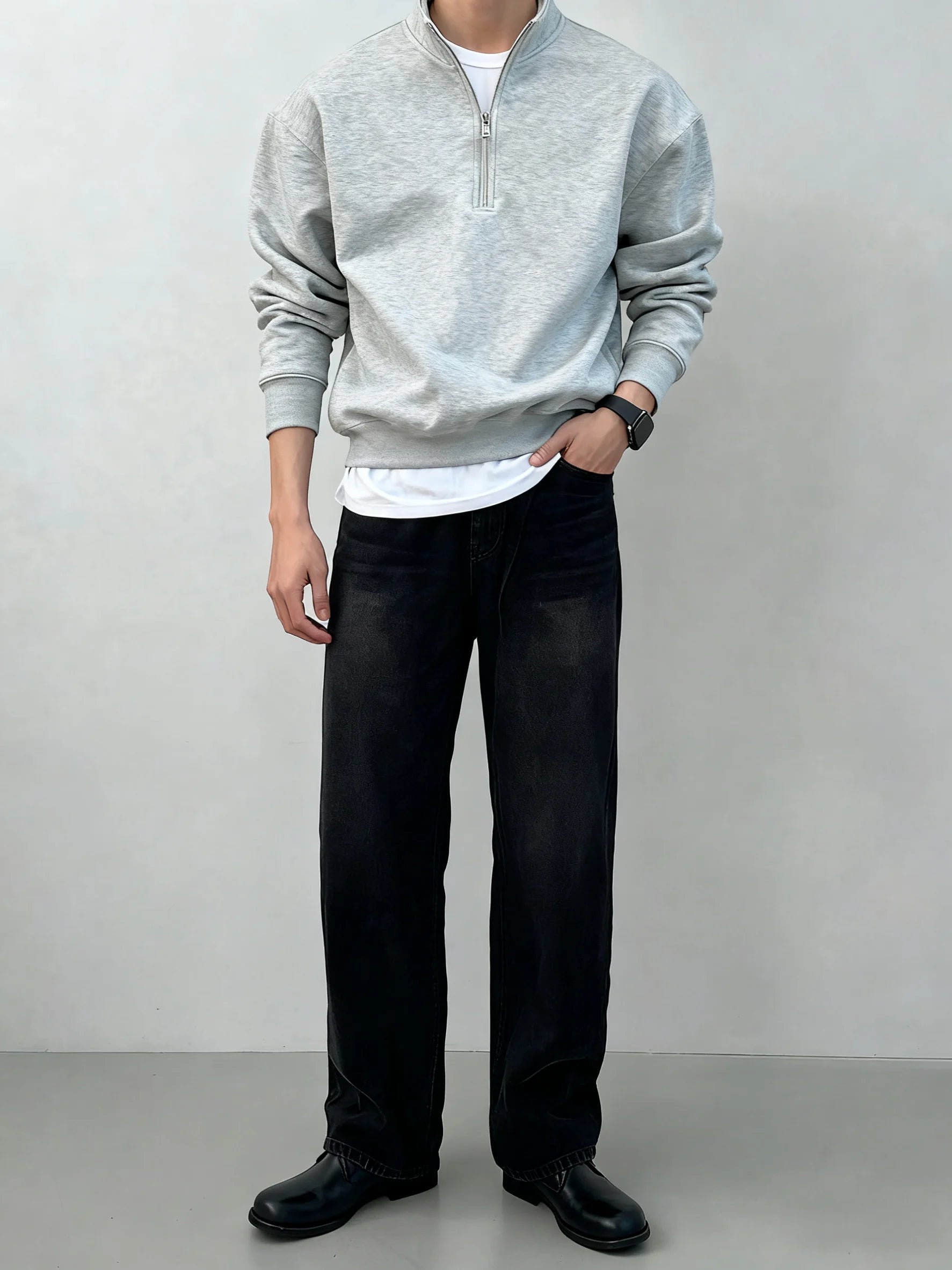 Men's gray half zipper stand up collar sweatshirt, simple and loose casual top, foreign trade men's clothing source