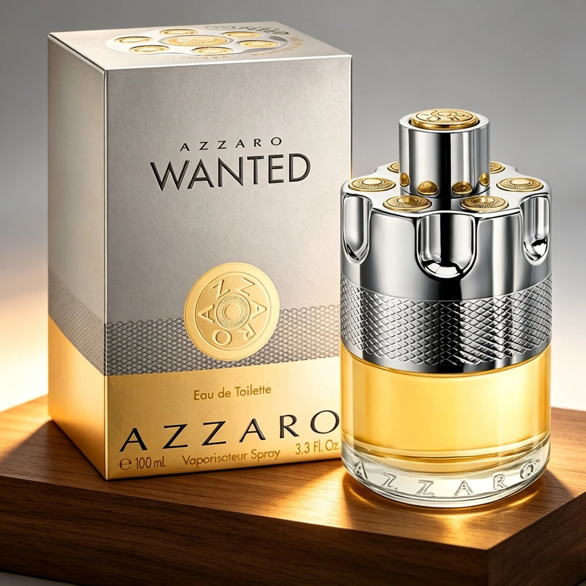 Azzaro Wanted Men's Eau de Toilette Bright Citrus Woody Scent Silver Gold Revolver Shaped Bottle Long Lasting Gentle Masculine Perfume Ideal Holiday Gift for Him