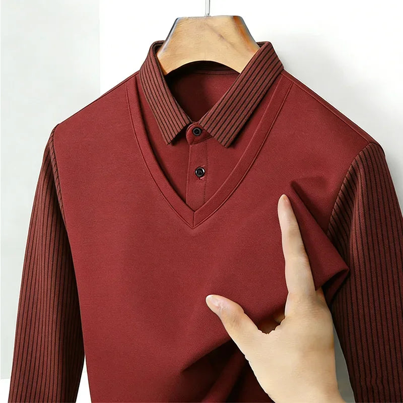 Men's Fake Two Piece Shirt Collar V Neck Long Sleeve Top Khaki Striped Casual Fashion Soft Fabric Daily Wear Blouse