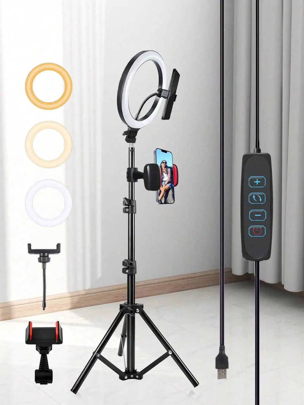 10 Inch LED Selfie Ring Light Set with 43 Inch Adjustable Tripod & 2 Universal Phone Clamps, Dimmable USB Powered Fill Light, Ideal for Makeup, Video Recording and Halloween Party Live Streaming