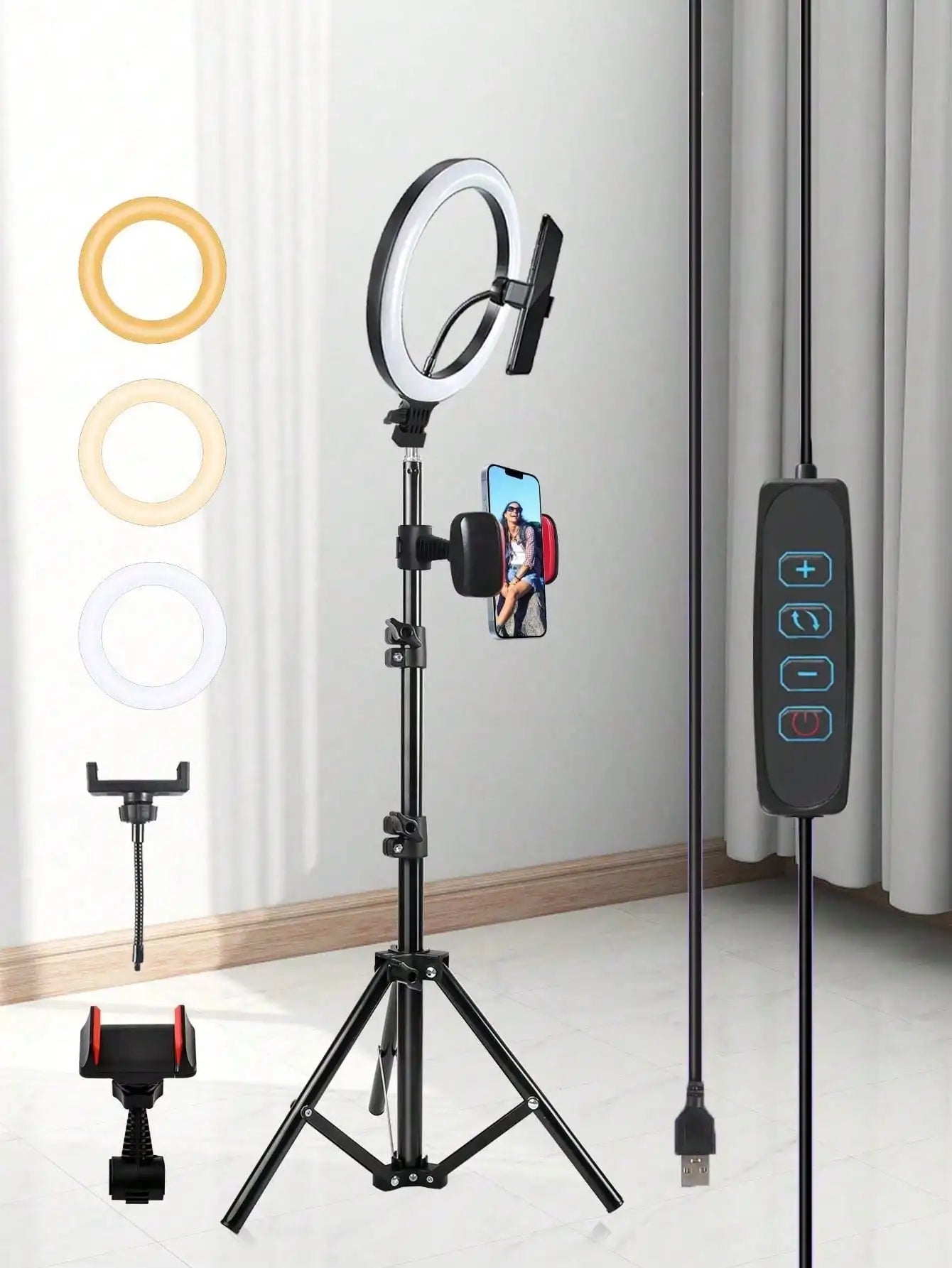 10 Inch LED Selfie Ring Light Set with 43 Inch Adjustable Tripod & 2 Universal Phone Clamps, Dimmable USB Powered Fill Light, Ideal for Makeup, Video Recording and Halloween Party Live Streaming