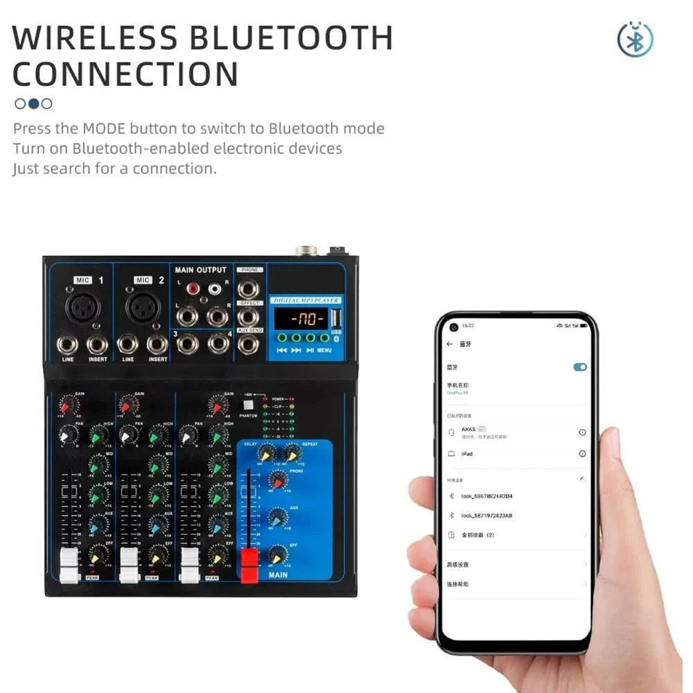 4-Channel Professional Compact Mixer with Bluetooth, USB Mp3 Playback, 48V Phantom Power, Live Streaming, Karaoke Recording, and Mixing Console