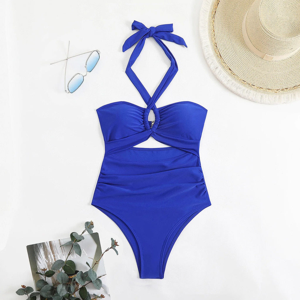 Women Swimsuit Halter Neck Solid Swimsuit Backless Waist Cinching Bathing Suit Ruched Bust High Cut Swimwear Black Woman