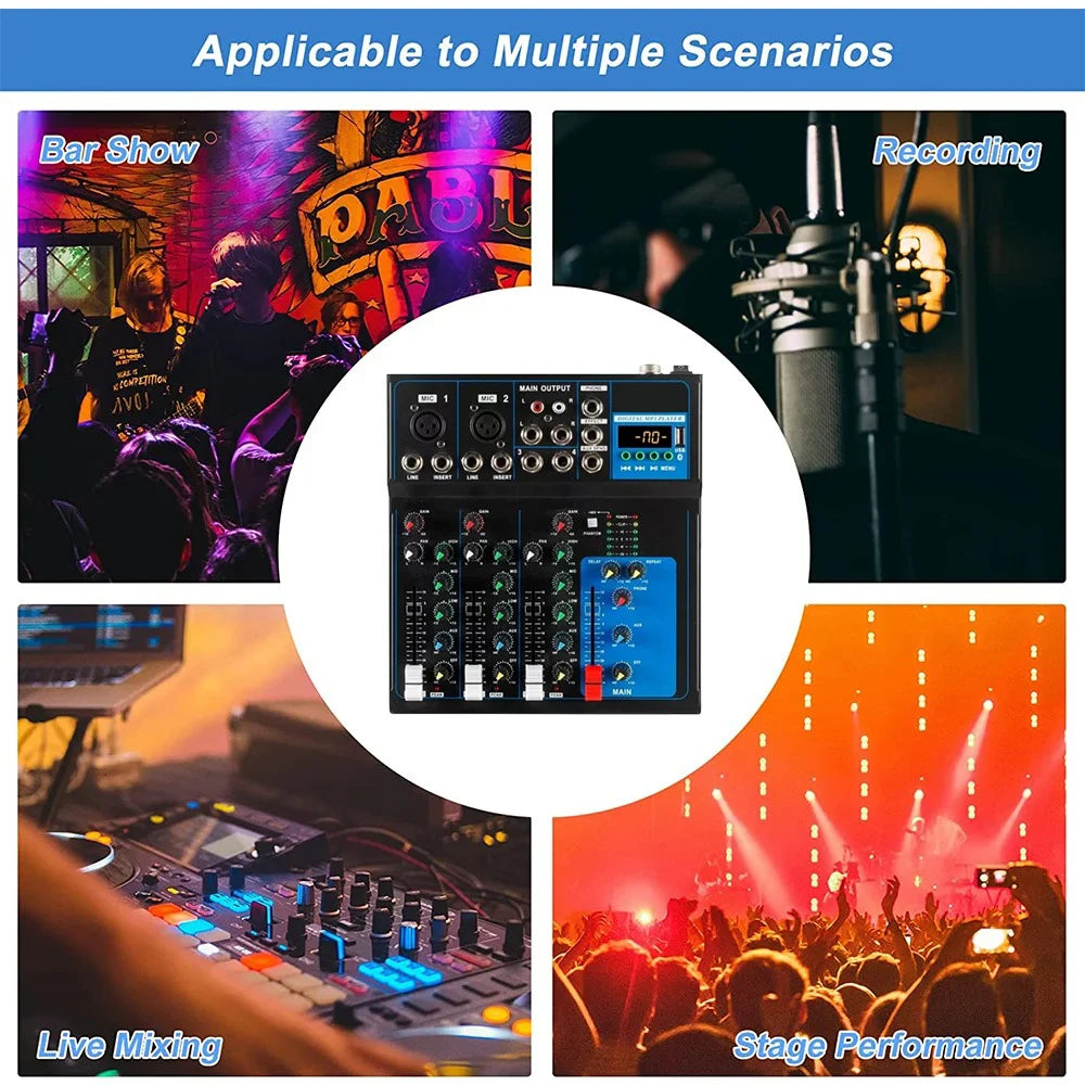 4-Channel Professional Compact Mixer with Bluetooth, USB Mp3 Playback, 48V Phantom Power, Live Streaming, Karaoke Recording, and Mixing Console
