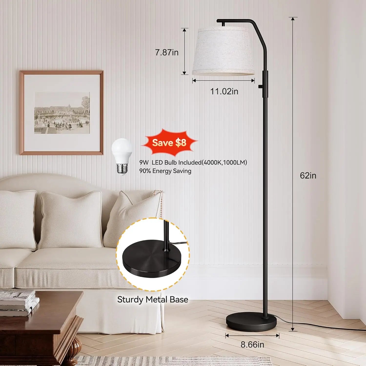 Adjustable Floor Lamp with 9W LED, Dimmable 0-100%, Modern Standing Light for Living Room Bedroom Office, Black