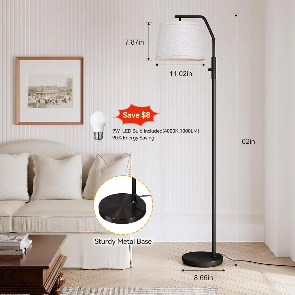 Adjustable Floor Lamp with 9W LED, Dimmable 0-100%, Modern Standing Light for Living Room Bedroom Office, Black