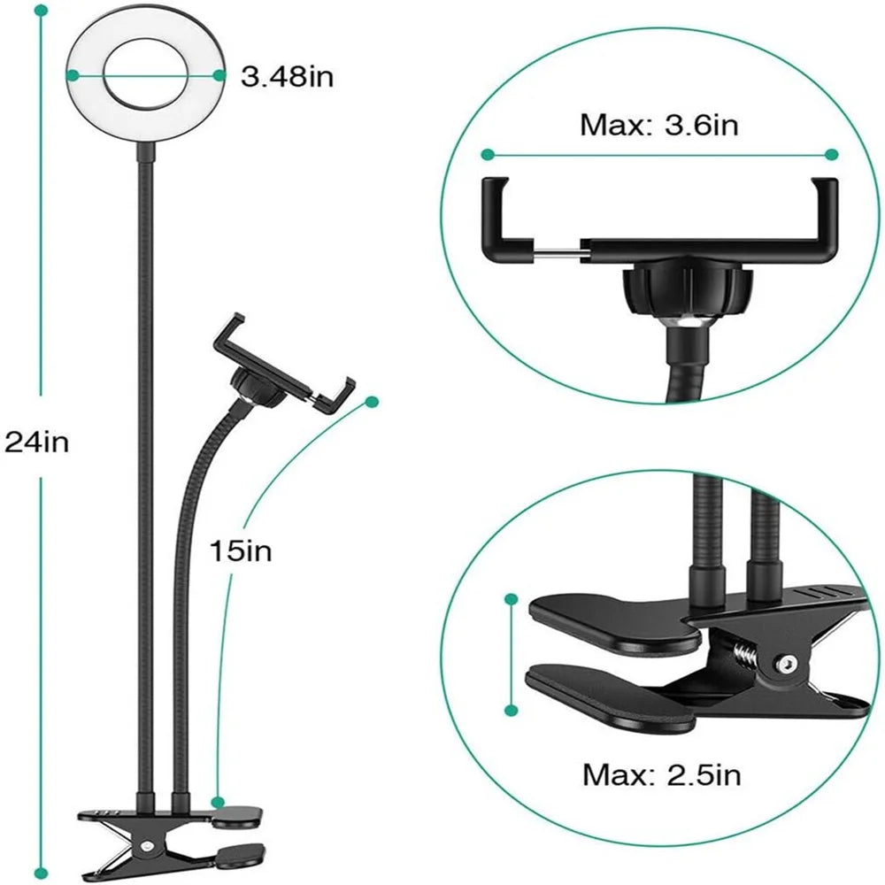 Clip on Light Reading Lights with Phone Holder Desk Lamp 360 ° Flexible Gooseneck Selfie Ring Light For Live Stream Fill Lights