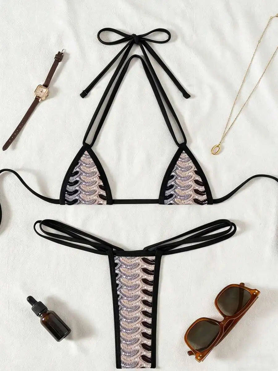 Micro Triangle Halter Bikini Set With Lace Pattern For Beach Pool Party