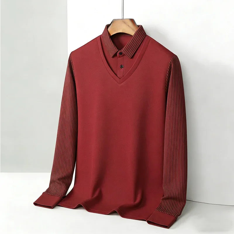 Men's Fake Two Piece Shirt Collar V Neck Long Sleeve Top Khaki Striped Casual Fashion Soft Fabric Daily Wear Blouse