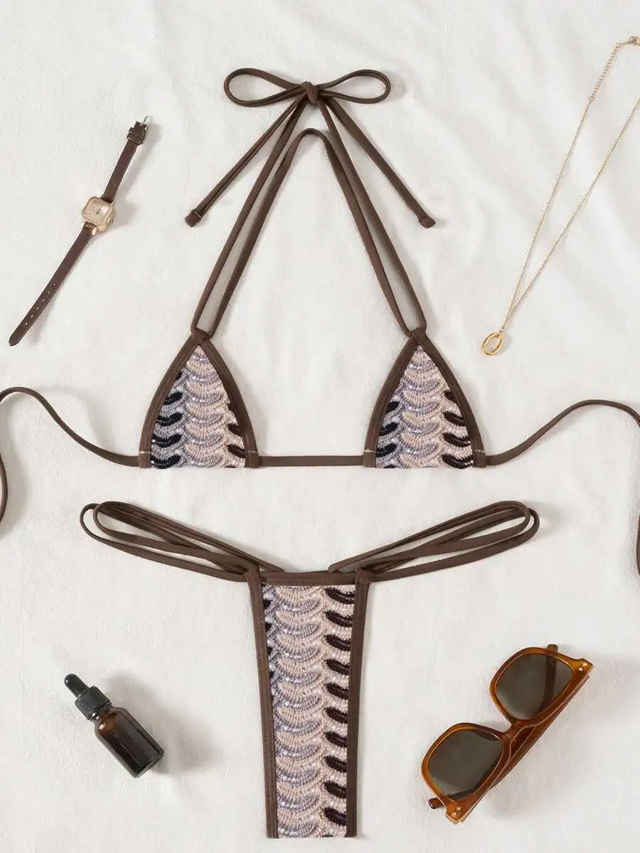 Micro Triangle Halter Bikini Set With Lace Pattern For Beach Pool Party