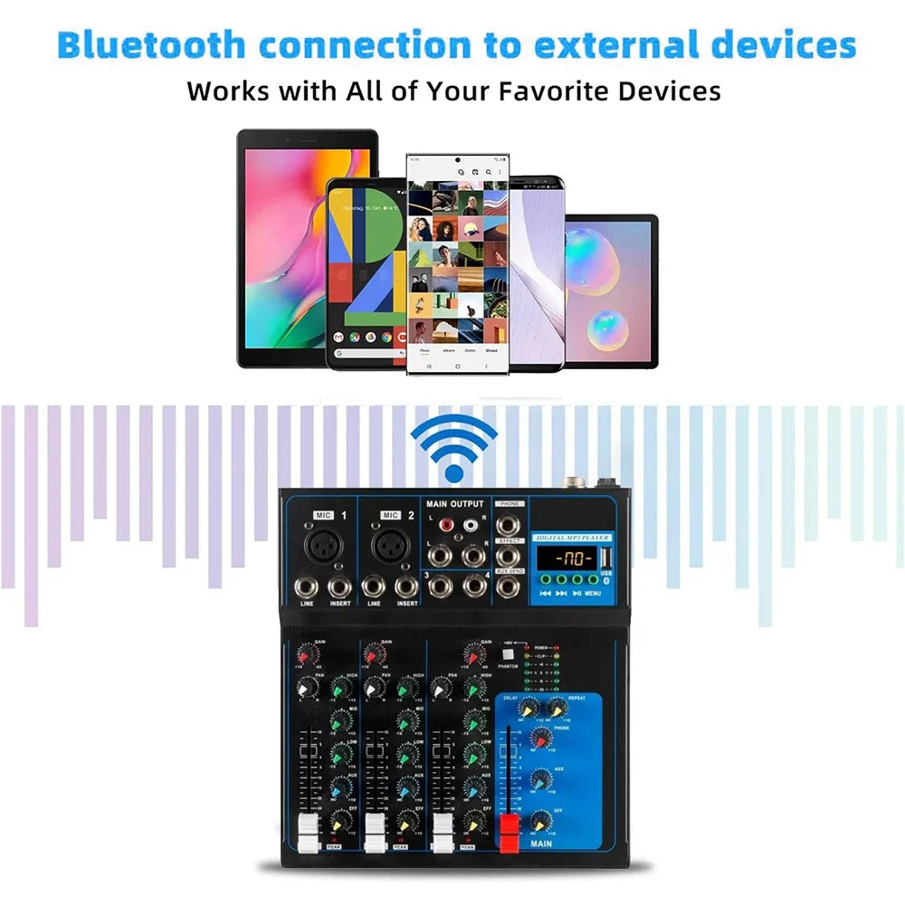 4-Channel Professional Compact Mixer with Bluetooth, USB Mp3 Playback, 48V Phantom Power, Live Streaming, Karaoke Recording, and Mixing Console