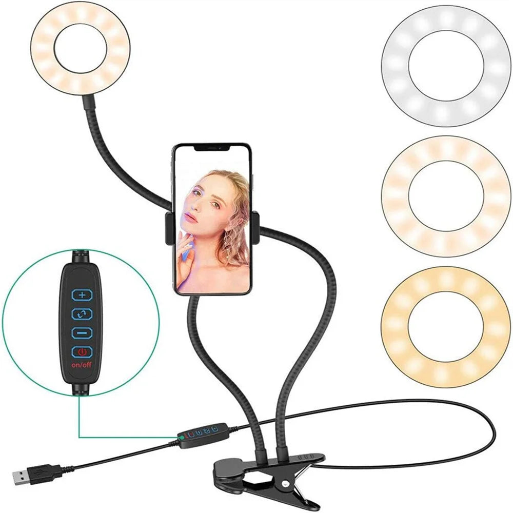Clip on Light Reading Lights with Phone Holder Desk Lamp 360 ° Flexible Gooseneck Selfie Ring Light For Live Stream Fill Lights