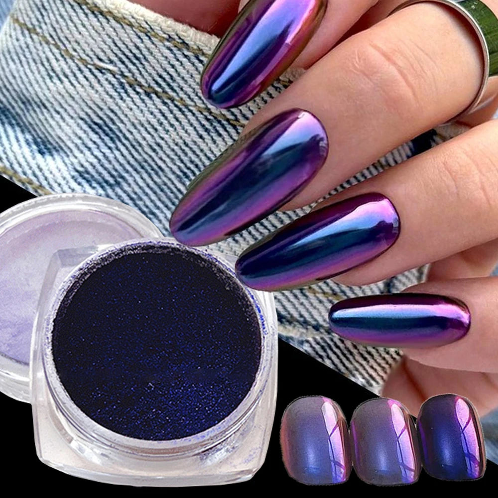 1Jar Blue Purple Chrome Chameleon Aurora Nail Powder 0.3g Holographic Metallic Effect Nail Rubbing Dust Gel Nail Polish Pigment