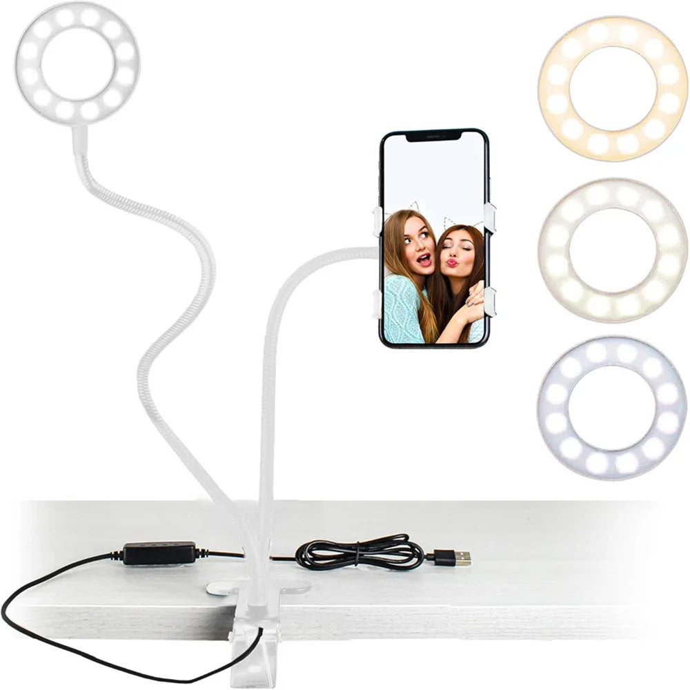 Clip on Light Reading Lights with Phone Holder Desk Lamp 360 ° Flexible Gooseneck Selfie Ring Light For Live Stream Fill Lights