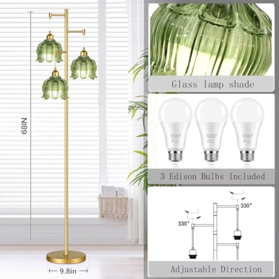 Vintage Floor Lamps for Living Room Bedroom-3 Light Glass Floor Lamp with Three Led Bulb, Modern Mid Century Standing Lamp Bras