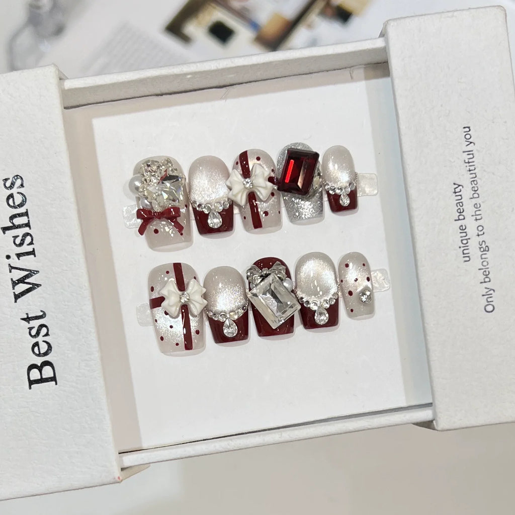 10Pcs Christmas Party Short Square Ballet Nail Tips Art Snowflake Rhinestone Pearl Designs Reusable Nail Stickers Acrylic Nails