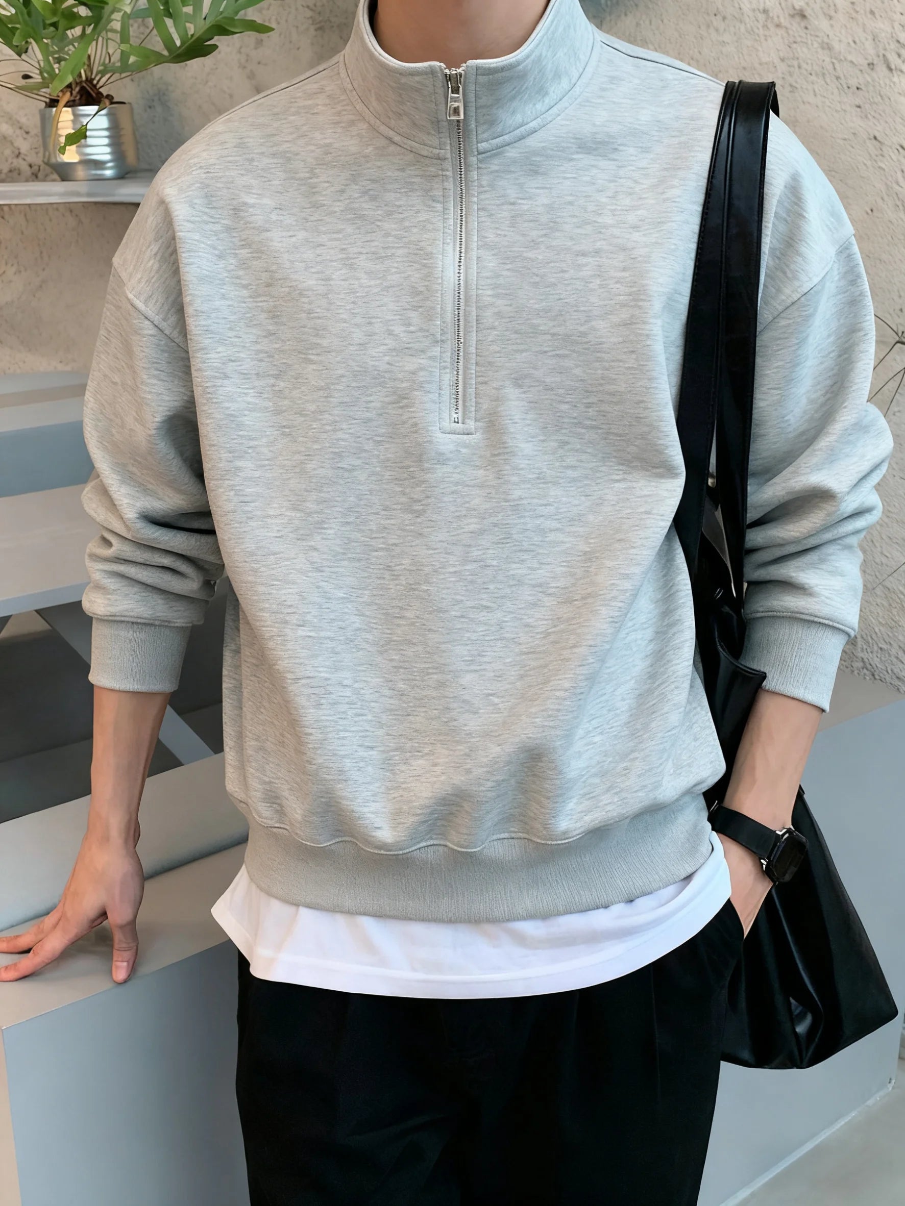 Men's gray half zipper stand up collar sweatshirt, simple and loose casual top, foreign trade men's clothing source