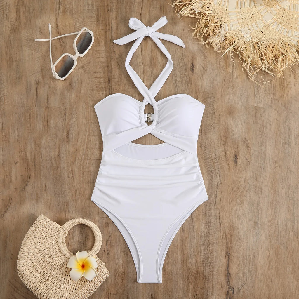 Women Swimsuit Halter Neck Solid Swimsuit Backless Waist Cinching Bathing Suit Ruched Bust High Cut Swimwear Black Woman