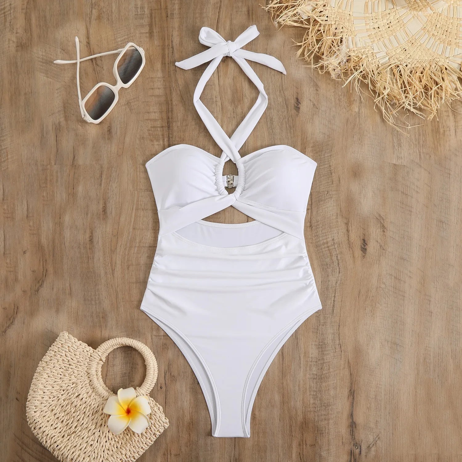 Women Swimsuit Halter Neck Solid Swimsuit Backless Waist Cinching Bathing Suit Ruched Bust High Cut Swimwear Black Woman