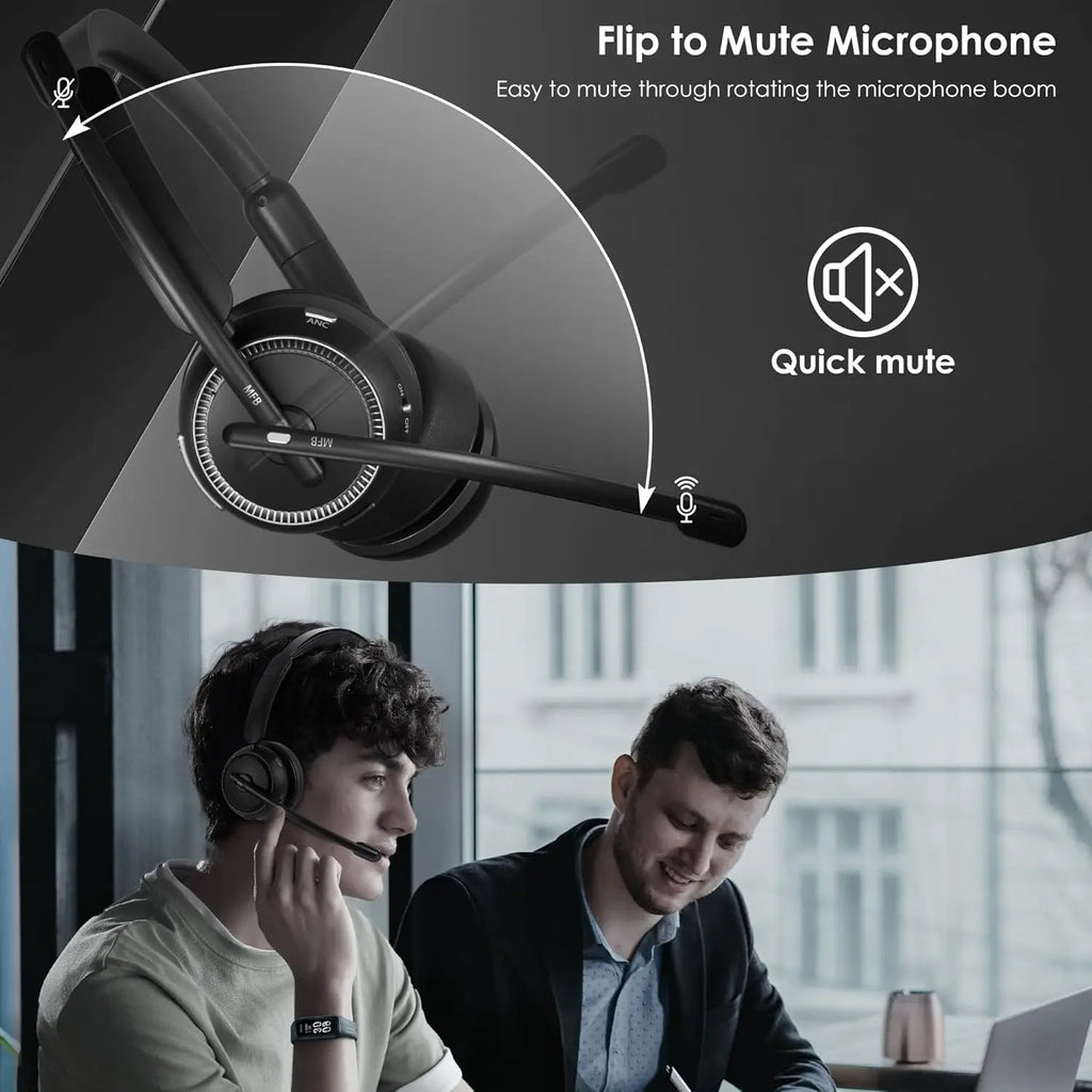 Bluetooth 5.4 ANC Headset with Mic for PC & Phone, Flip-to-Mute, USB Dongle, Noise Cancelling for Work/Call Center
