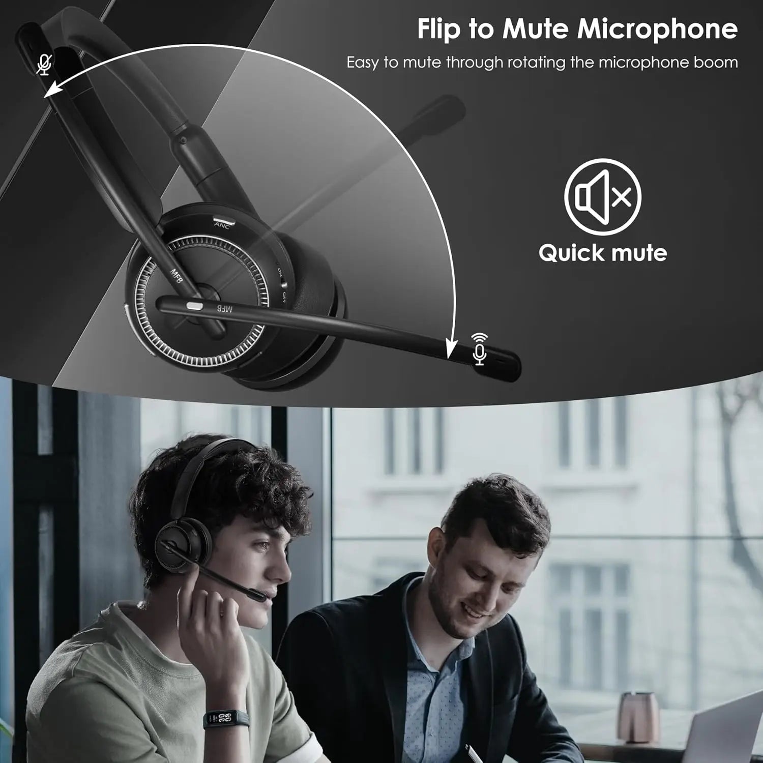 Bluetooth 5.4 ANC Headset with Mic for PC & Phone, Flip-to-Mute, USB Dongle, Noise Cancelling for Work/Call Center