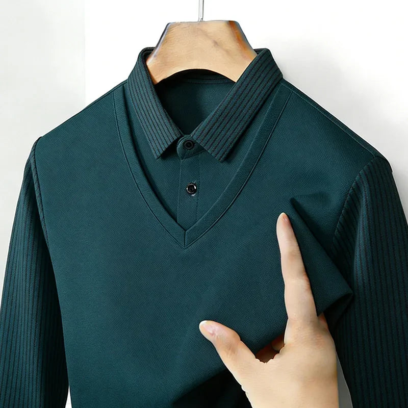 Men's Fake Two Piece Shirt Collar V Neck Long Sleeve Top Khaki Striped Casual Fashion Soft Fabric Daily Wear Blouse