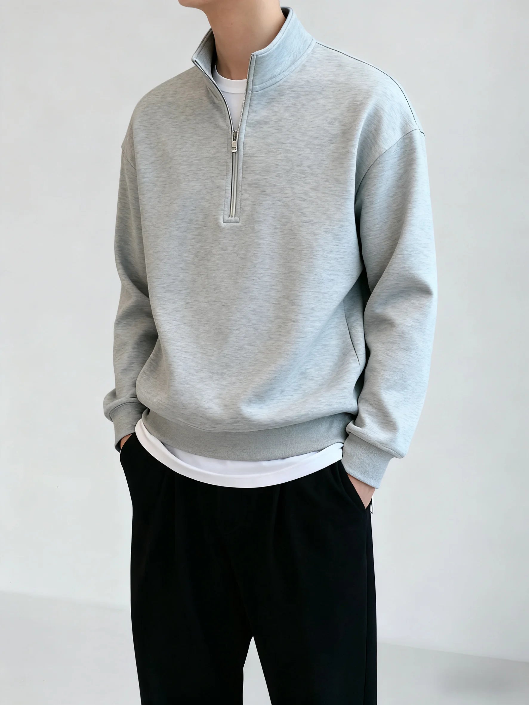Men's gray half zipper stand up collar sweatshirt, simple and loose casual top, foreign trade men's clothing source