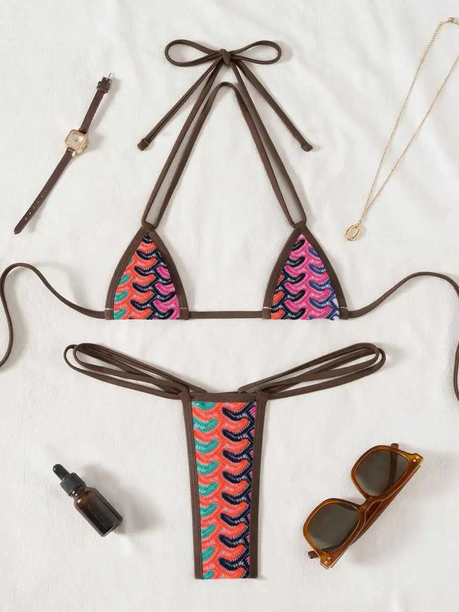 Micro Triangle Halter Bikini Set With Lace Pattern For Beach Pool Party