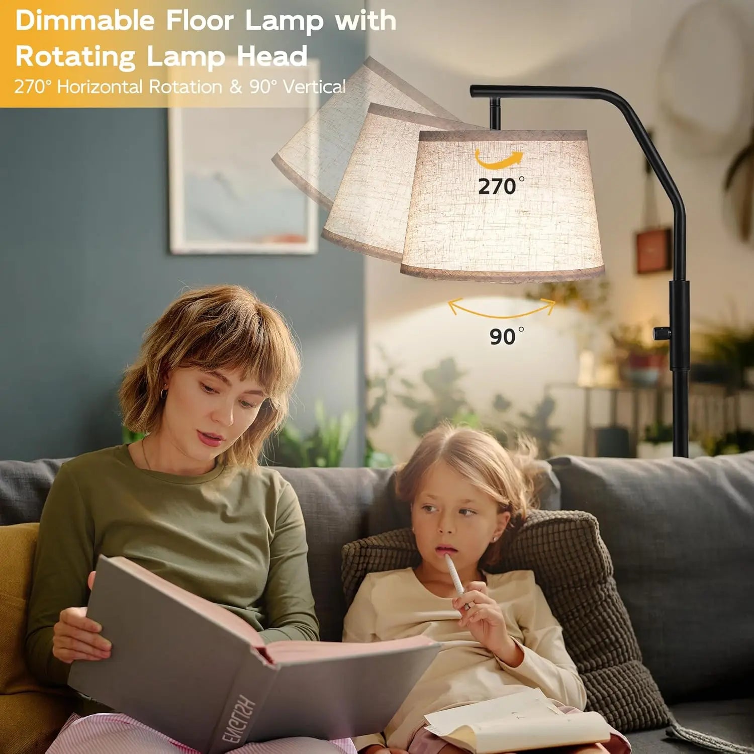 Adjustable Floor Lamp with 9W LED, Dimmable 0-100%, Modern Standing Light for Living Room Bedroom Office, Black