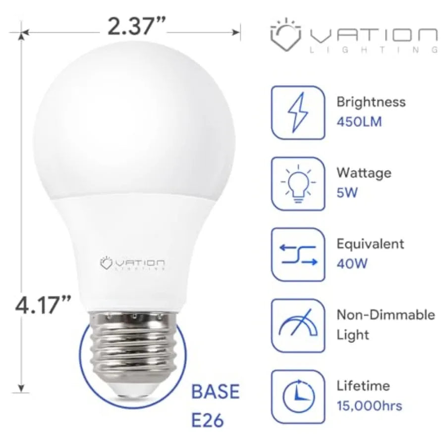12 Pack A19 LED Light Bulbs, 40 Watt Equivalent with E26 Medium Base, Efficient 5W, 450 Lumens Non-Dimmable LED Bulbs, ETL/UL L