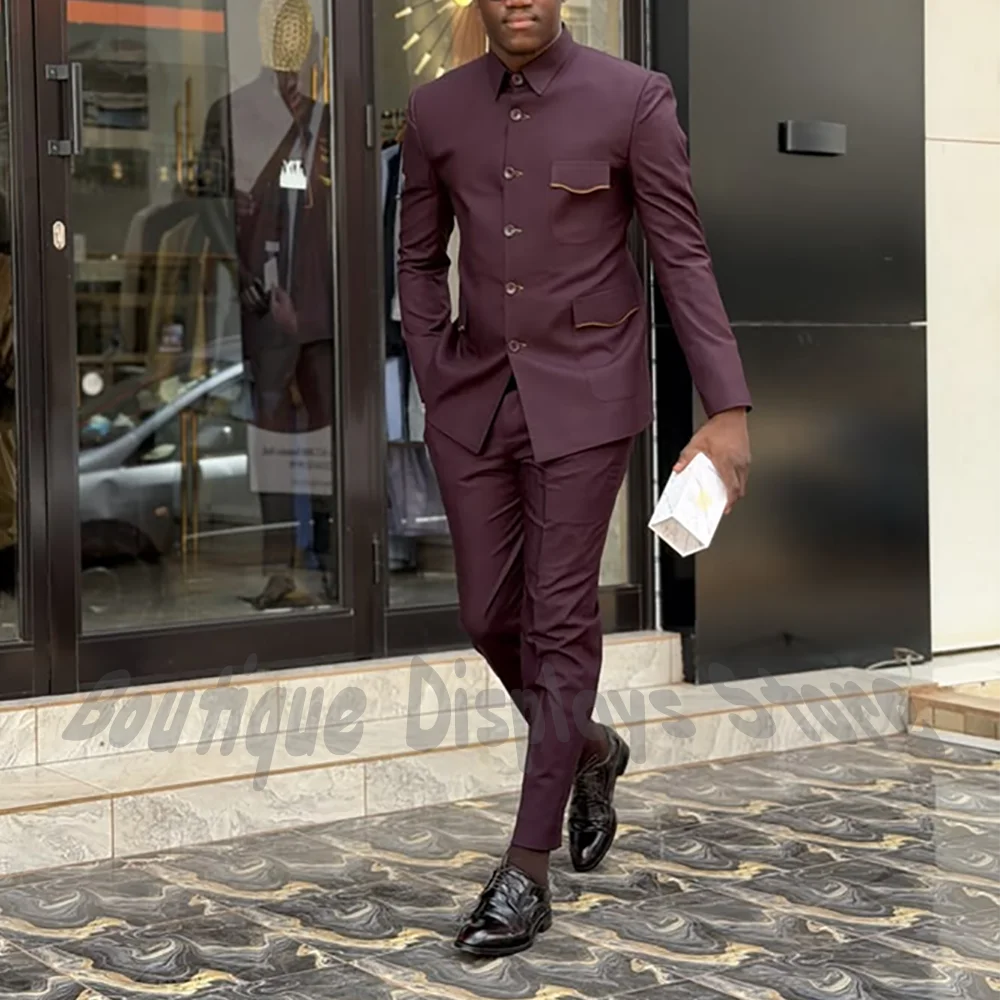 Chic Stand Collar Men Suit 2 Pieces Single Breasted Slim Fit Formal Business Jacket Pants Set Tuxedo Daily Casual Outfit