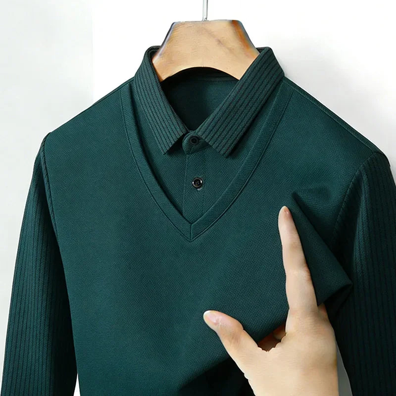 Men's Fake Two Piece Shirt Collar V Neck Long Sleeve Top Khaki Striped Casual Fashion Soft Fabric Daily Wear Blouse