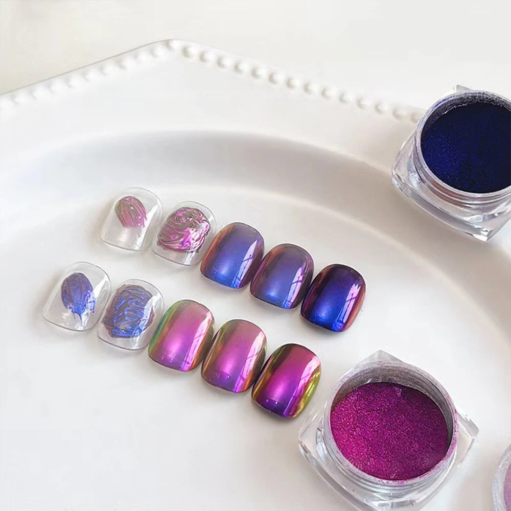 1Jar Blue Purple Chrome Chameleon Aurora Nail Powder 0.3g Holographic Metallic Effect Nail Rubbing Dust Gel Nail Polish Pigment