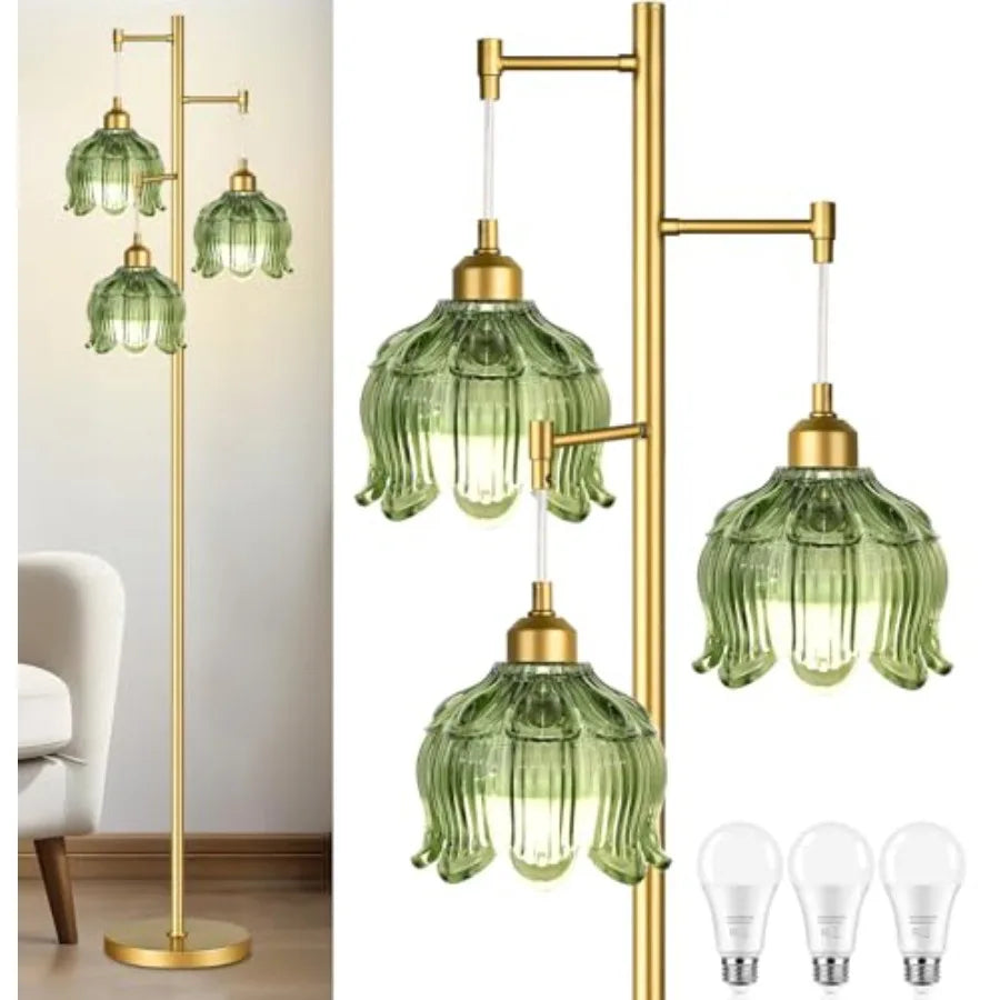 Vintage Floor Lamps for Living Room Bedroom-3 Light Glass Floor Lamp with Three Led Bulb, Modern Mid Century Standing Lamp Bras