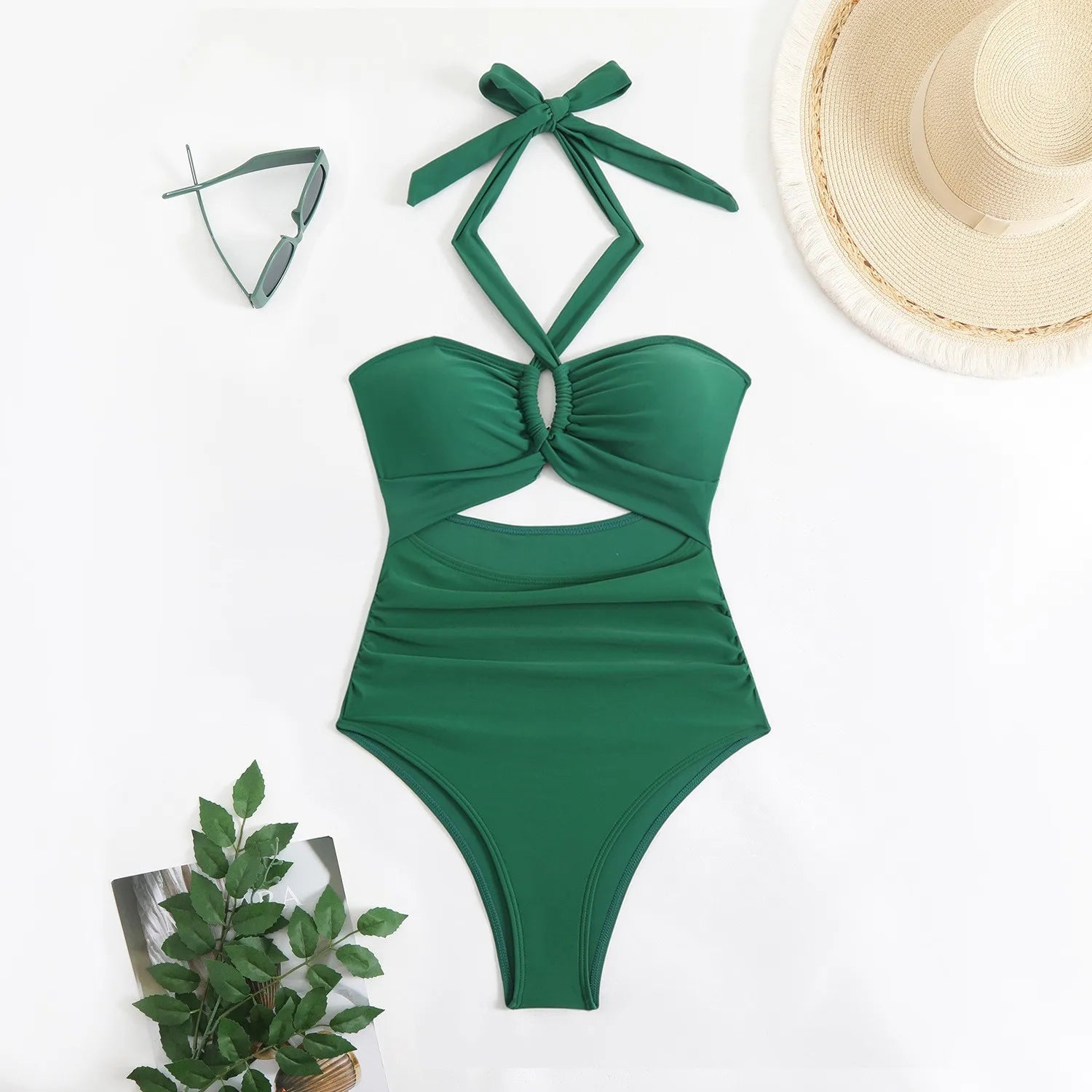 Women Swimsuit Halter Neck Solid Swimsuit Backless Waist Cinching Bathing Suit Ruched Bust High Cut Swimwear Black Woman