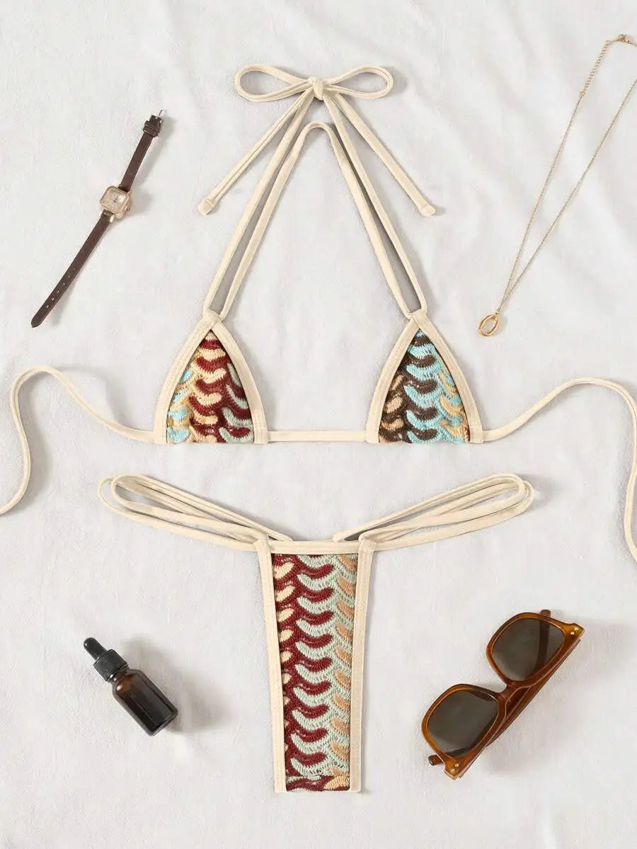 Micro Triangle Halter Bikini Set With Lace Pattern For Beach Pool Party
