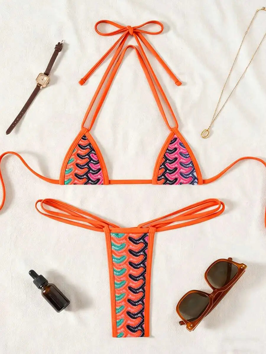 Micro Triangle Halter Bikini Set With Lace Pattern For Beach Pool Party