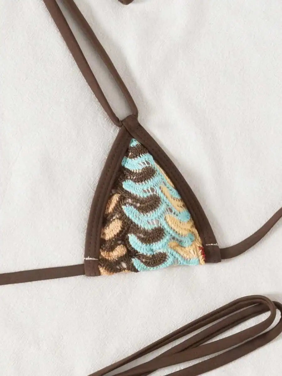 Micro Triangle Halter Bikini Set With Lace Pattern For Beach Pool Party
