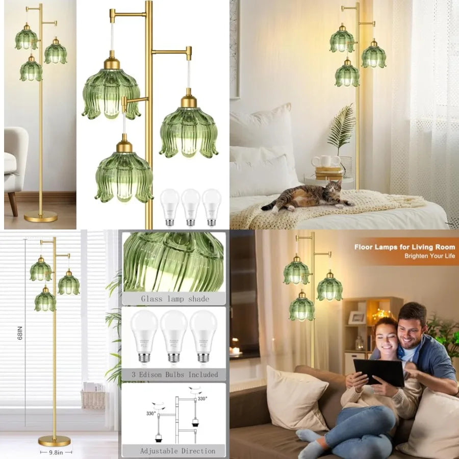 Vintage Floor Lamps for Living Room Bedroom-3 Light Glass Floor Lamp with Three Led Bulb, Modern Mid Century Standing Lamp Bras