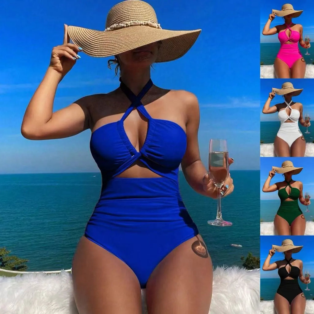 Women Swimsuit Halter Neck Solid Swimsuit Backless Waist Cinching Bathing Suit Ruched Bust High Cut Swimwear Black Woman