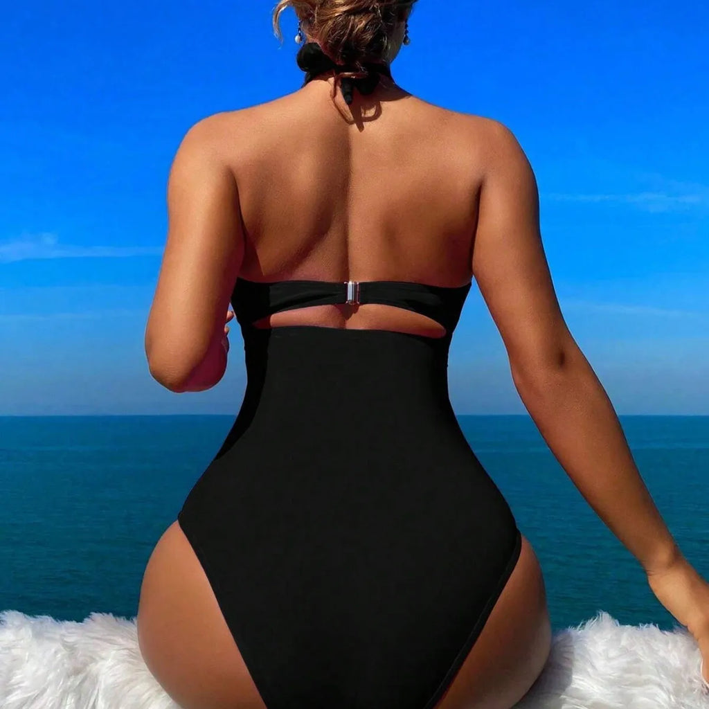 Women Swimsuit Halter Neck Solid Swimsuit Backless Waist Cinching Bathing Suit Ruched Bust High Cut Swimwear Black Woman