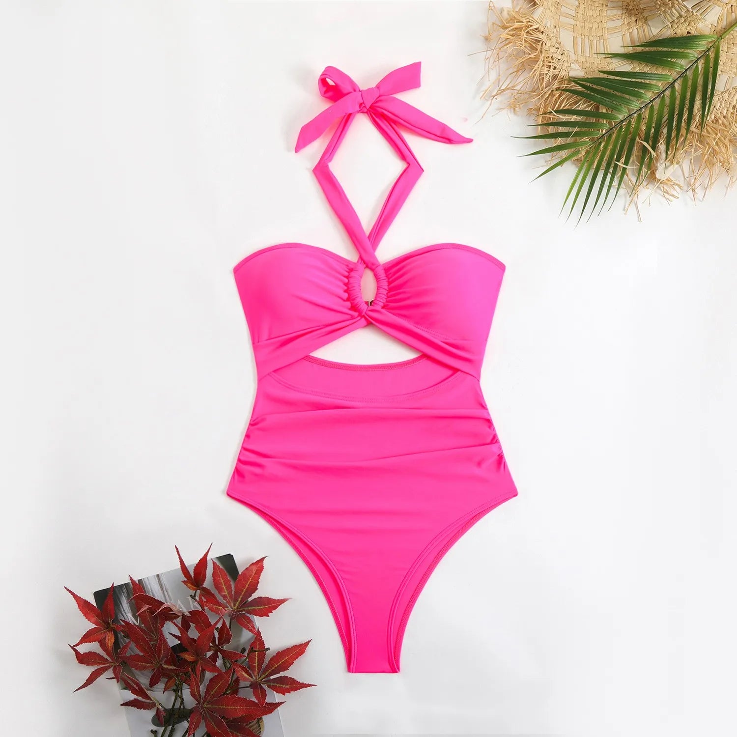 Women Swimsuit Halter Neck Solid Swimsuit Backless Waist Cinching Bathing Suit Ruched Bust High Cut Swimwear Black Woman