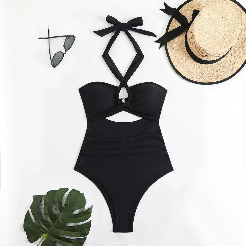 Women Swimsuit Halter Neck Solid Swimsuit Backless Waist Cinching Bathing Suit Ruched Bust High Cut Swimwear Black Woman