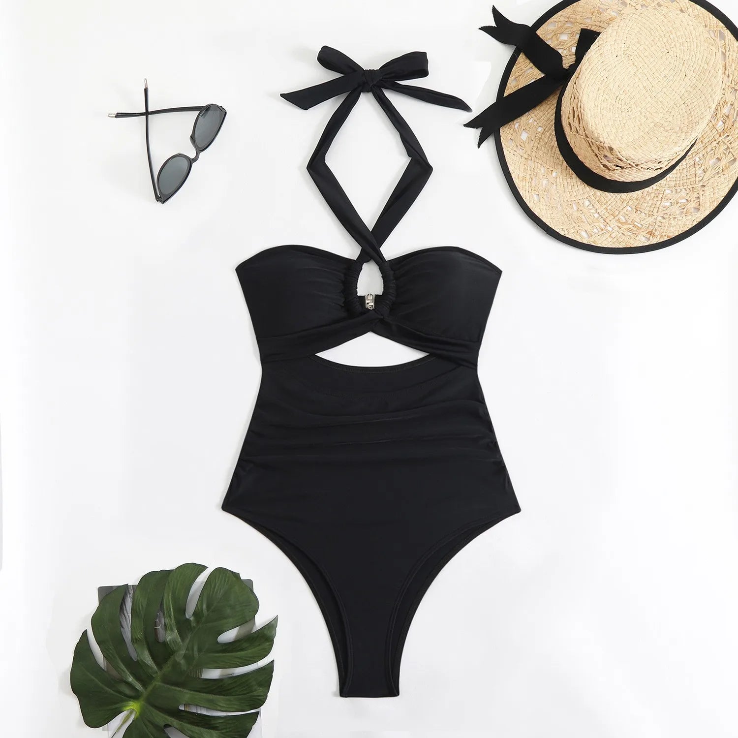 Women Swimsuit Halter Neck Solid Swimsuit Backless Waist Cinching Bathing Suit Ruched Bust High Cut Swimwear Black Woman