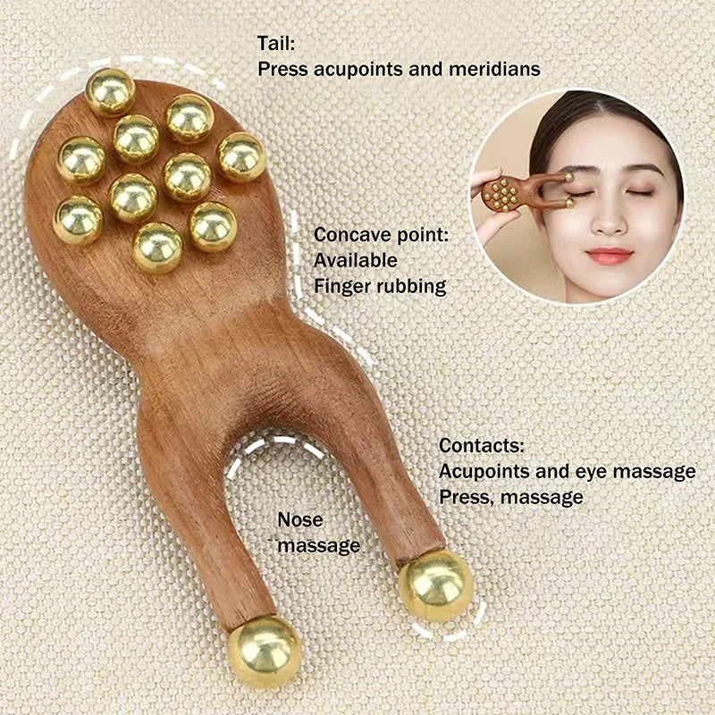 1PCS Wooden Nose Guasha Massage Tool Brass Bead Handheld Comb Antistatic For Face Nose Eye Relaxation Spot Meridians Acupoint