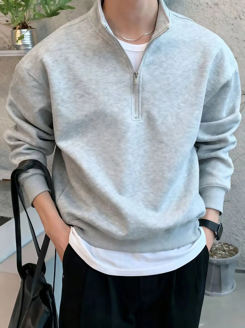 Men's gray half zipper stand up collar sweatshirt, simple and loose casual top, foreign trade men's clothing source