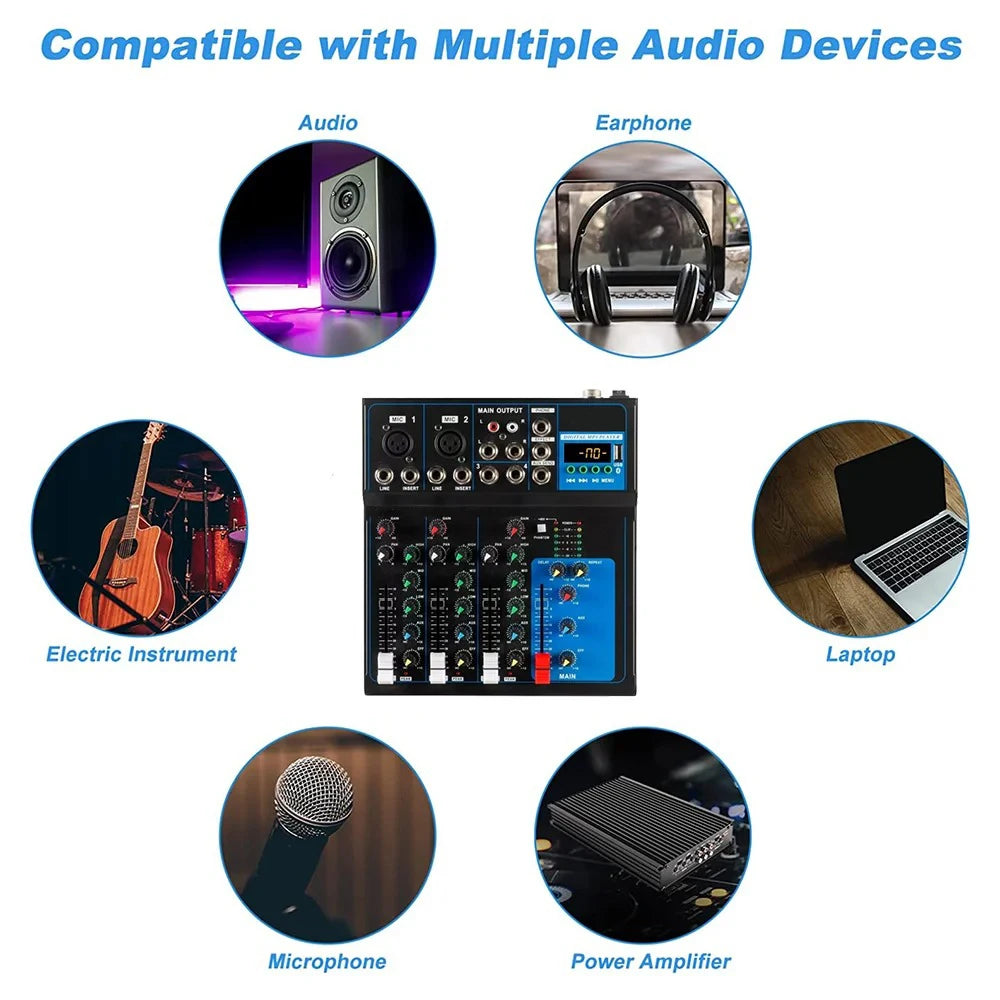 4-Channel Professional Compact Mixer with Bluetooth, USB Mp3 Playback, 48V Phantom Power, Live Streaming, Karaoke Recording, and Mixing Console