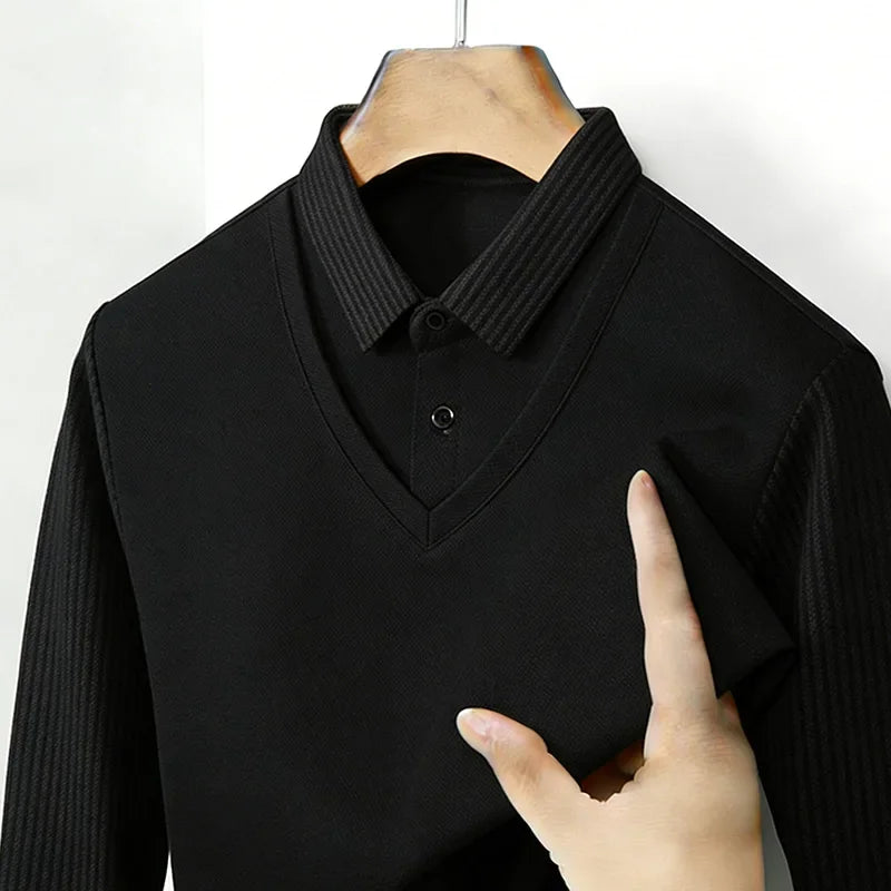 Men's Fake Two Piece Shirt Collar V Neck Long Sleeve Top Khaki Striped Casual Fashion Soft Fabric Daily Wear Blouse
